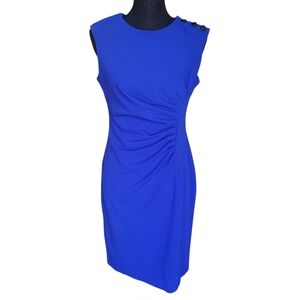 DKNY Royal Blue Midi Ruched Sheath Dress Women's Size 6
